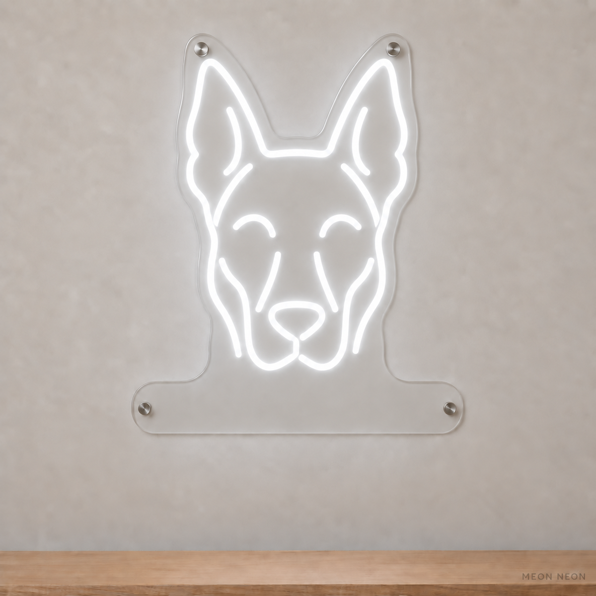 MEON NEON-watermarked concept mockup of a White Belgian Malinois head LED neon sign with a blank acrylic area for a UV-printed breed caption or dog name.