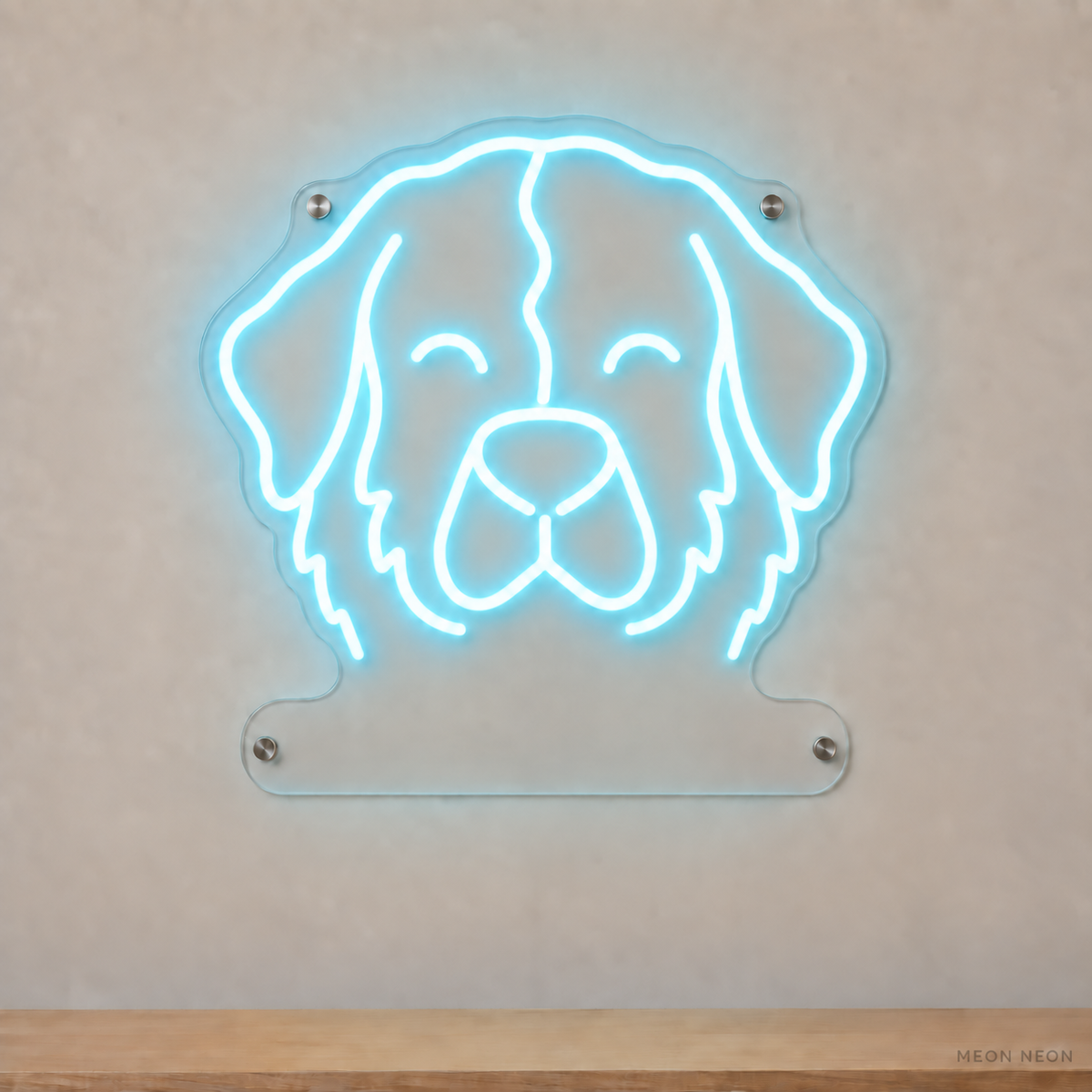 MEON NEON-watermarked concept mockup of a Ice Blue Bernese Mountain Dog head LED neon sign with a blank acrylic area for a UV-printed breed caption or dog name.
