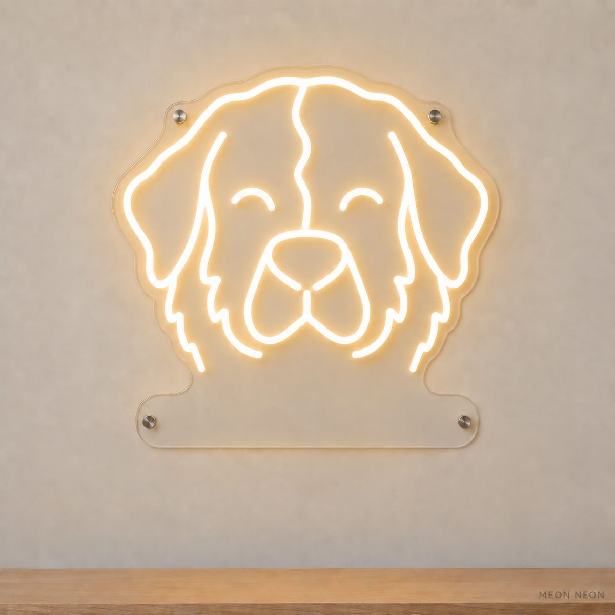 MEON NEON-watermarked concept mockup of a Warm White Bernese Mountain Dog head LED neon sign with a blank acrylic area for a UV-printed breed caption or dog name.