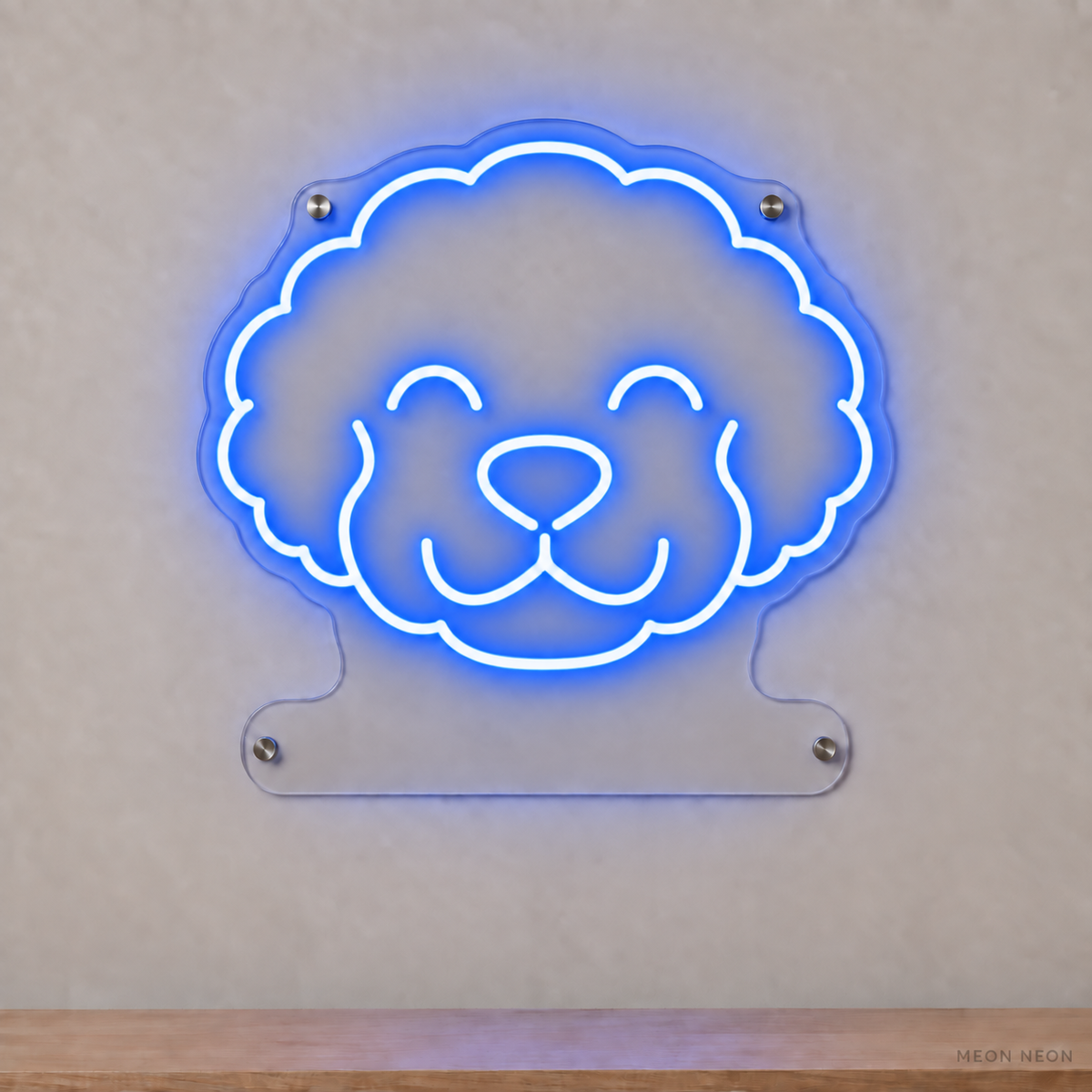 MEON NEON-watermarked concept mockup of a Blue Bichon Frise head LED neon sign with a blank acrylic area for a UV-printed breed caption or dog name.