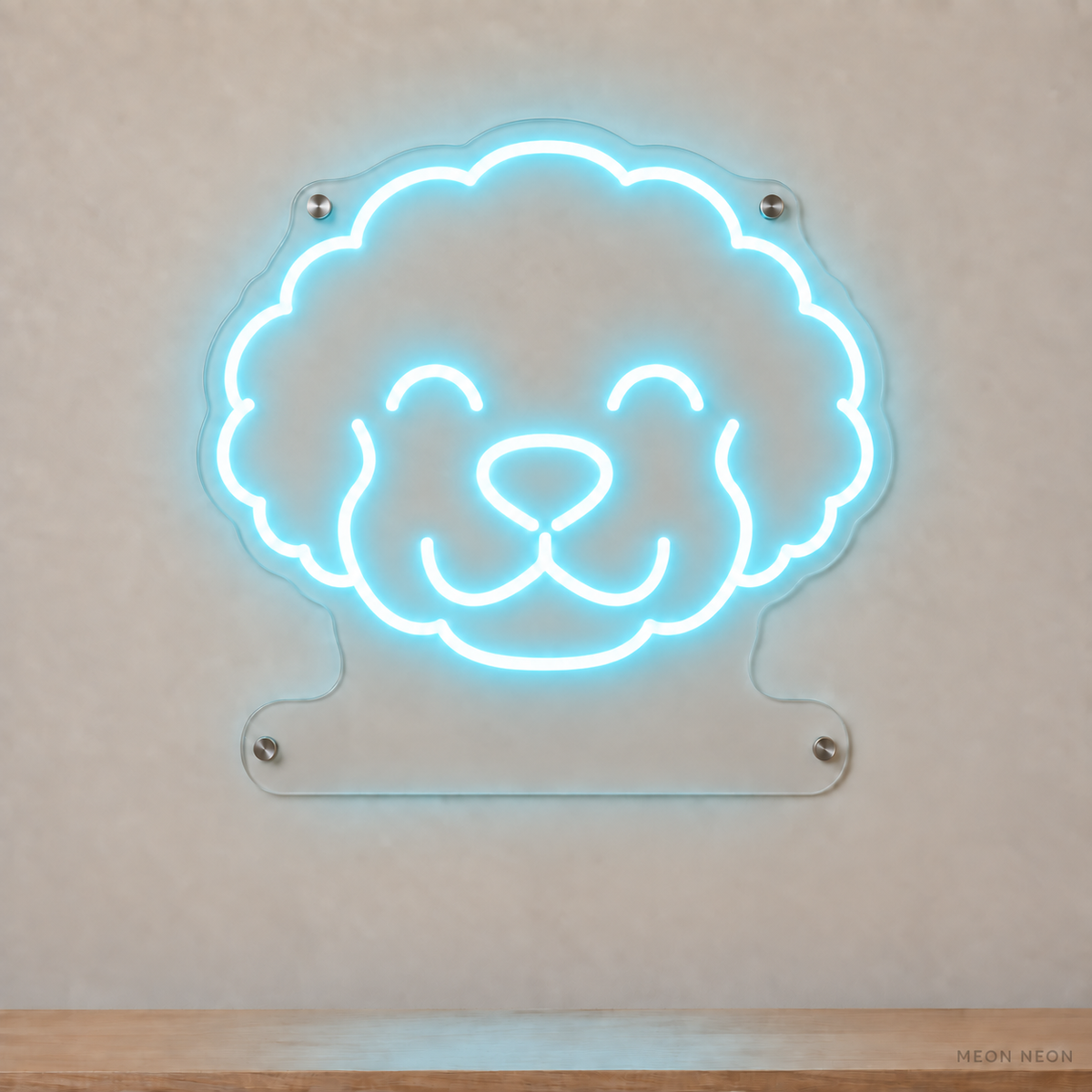 MEON NEON-watermarked concept mockup of a Ice Blue Bichon Frise head LED neon sign with a blank acrylic area for a UV-printed breed caption or dog name.