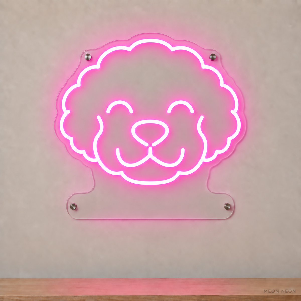 MEON NEON-watermarked concept mockup of a Pink Bichon Frise head LED neon sign with a blank acrylic area for a UV-printed breed caption or dog name.