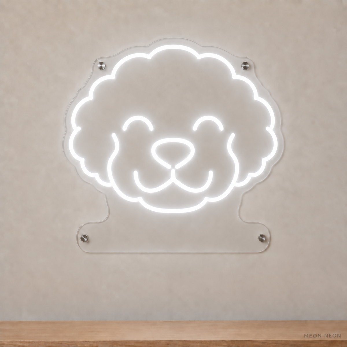 MEON NEON-watermarked concept mockup of a White Bichon Frise head LED neon sign with a blank acrylic area for a UV-printed breed caption or dog name.