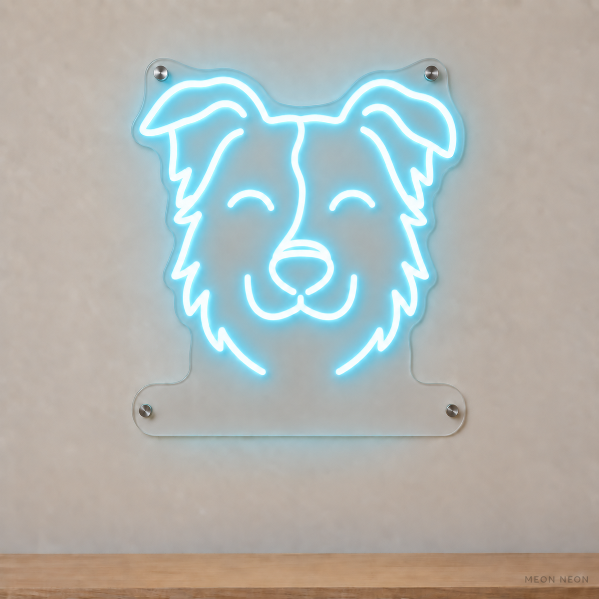 MEON NEON-watermarked concept mockup of a Ice Blue Border Collie head LED neon sign with a blank acrylic area for a UV-printed breed caption or dog name.