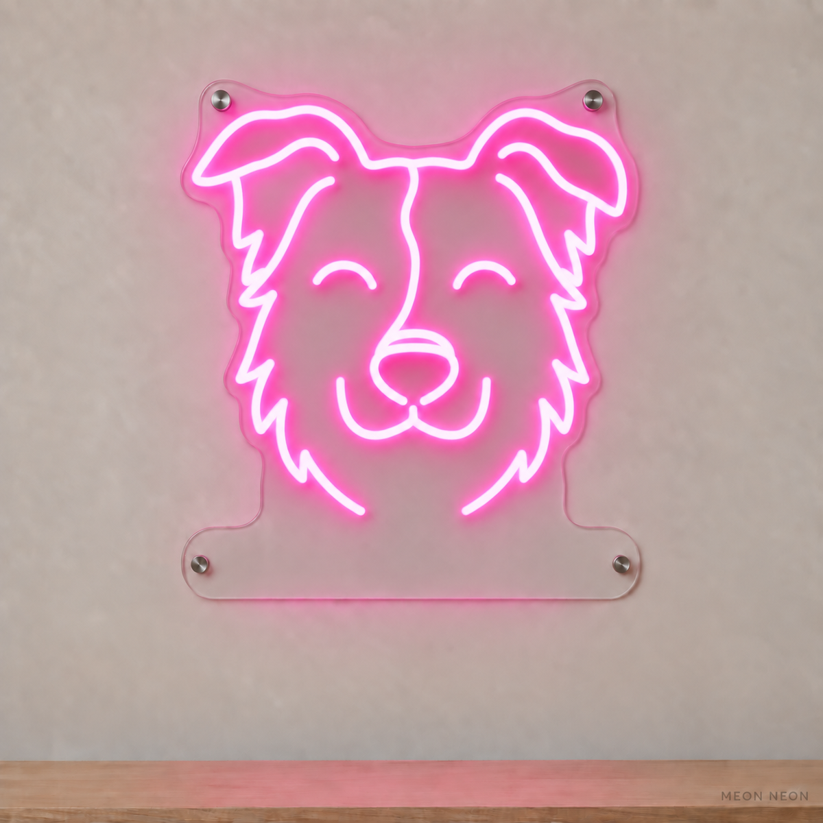MEON NEON-watermarked concept mockup of a Pink Border Collie head LED neon sign with a blank acrylic area for a UV-printed breed caption or dog name.