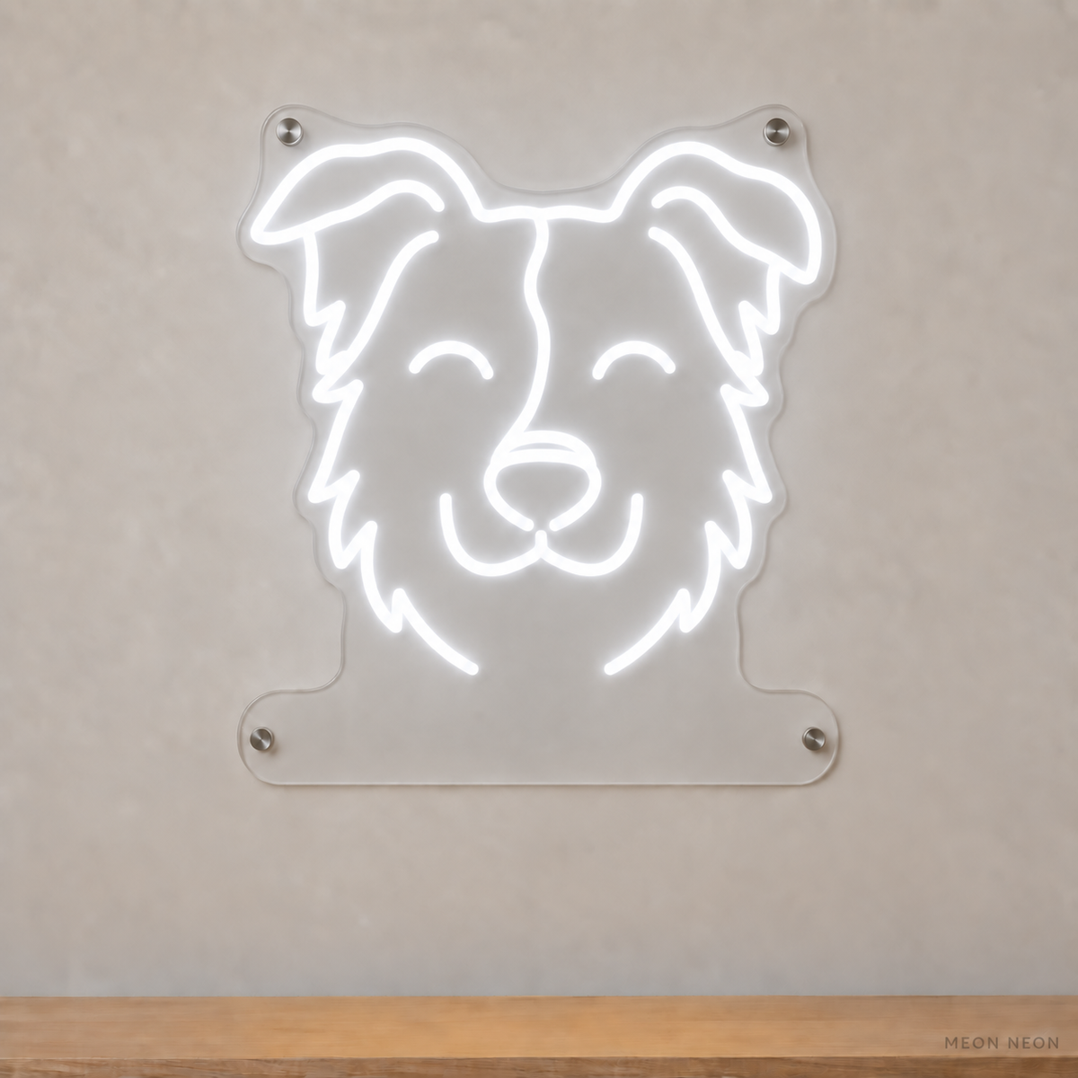 MEON NEON-watermarked concept mockup of a White Border Collie head LED neon sign with a blank acrylic area for a UV-printed breed caption or dog name.
