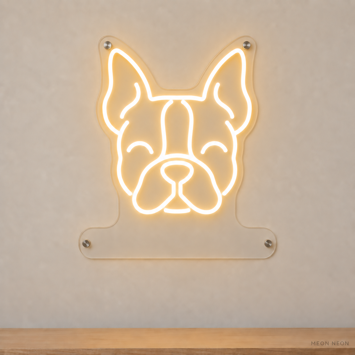 MEON NEON-watermarked concept mockup of a Warm White Boston Terrier head LED neon sign with a blank acrylic area for a UV-printed breed caption or dog name.