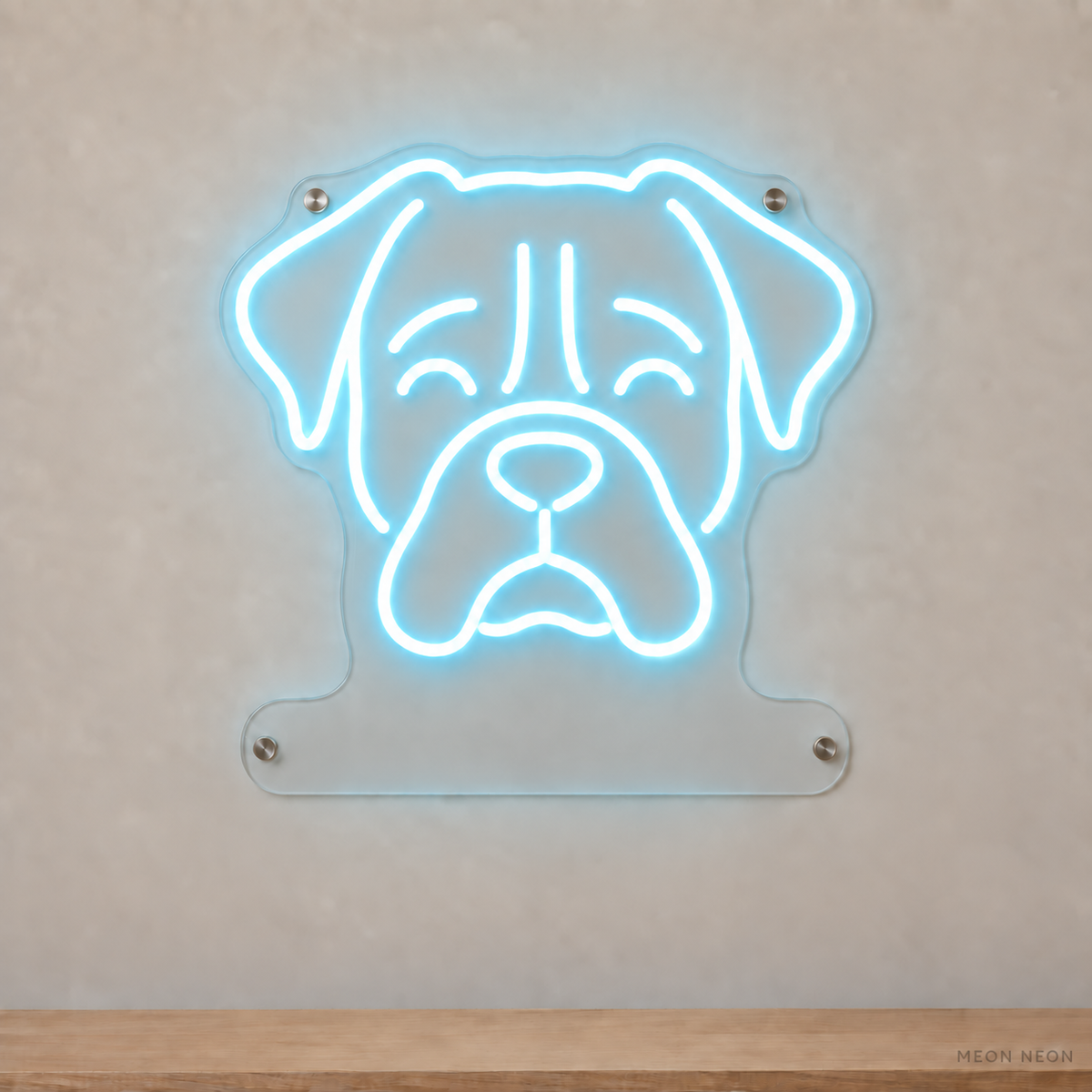 MEON NEON-watermarked concept mockup of a Ice Blue Boxer head LED neon sign with a blank acrylic area for a UV-printed breed caption or dog name.