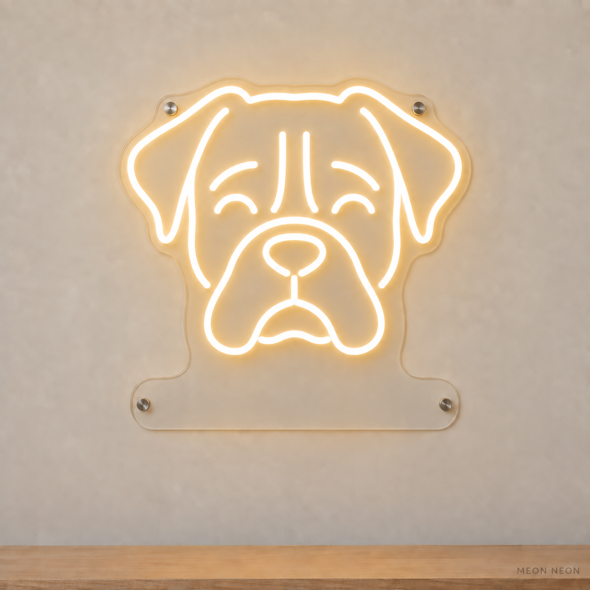 MEON NEON-watermarked concept mockup of a Warm White Boxer head LED neon sign with a blank acrylic area for a UV-printed breed caption or dog name.