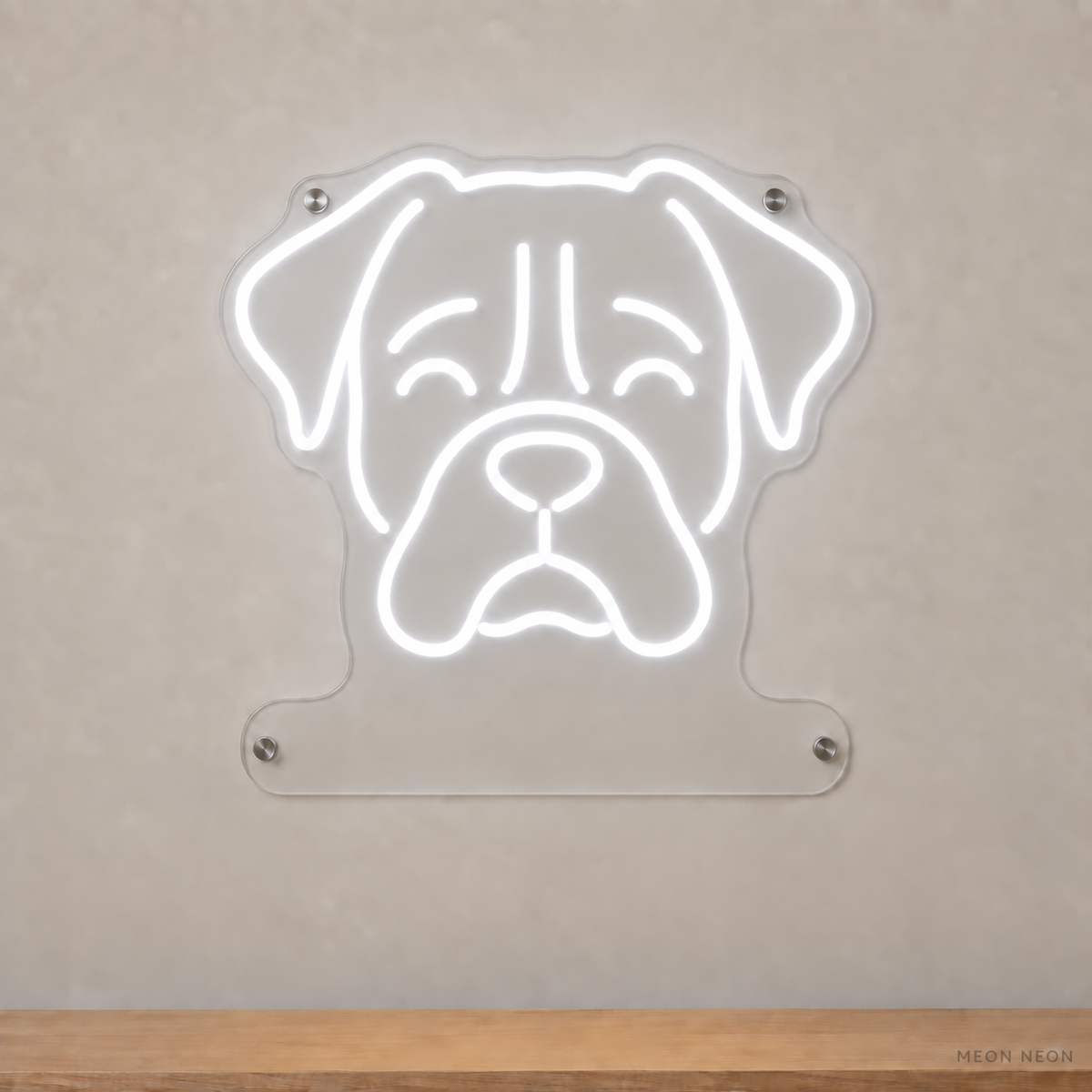 MEON NEON-watermarked concept mockup of a White Boxer head LED neon sign with a blank acrylic area for a UV-printed breed caption or dog name.
