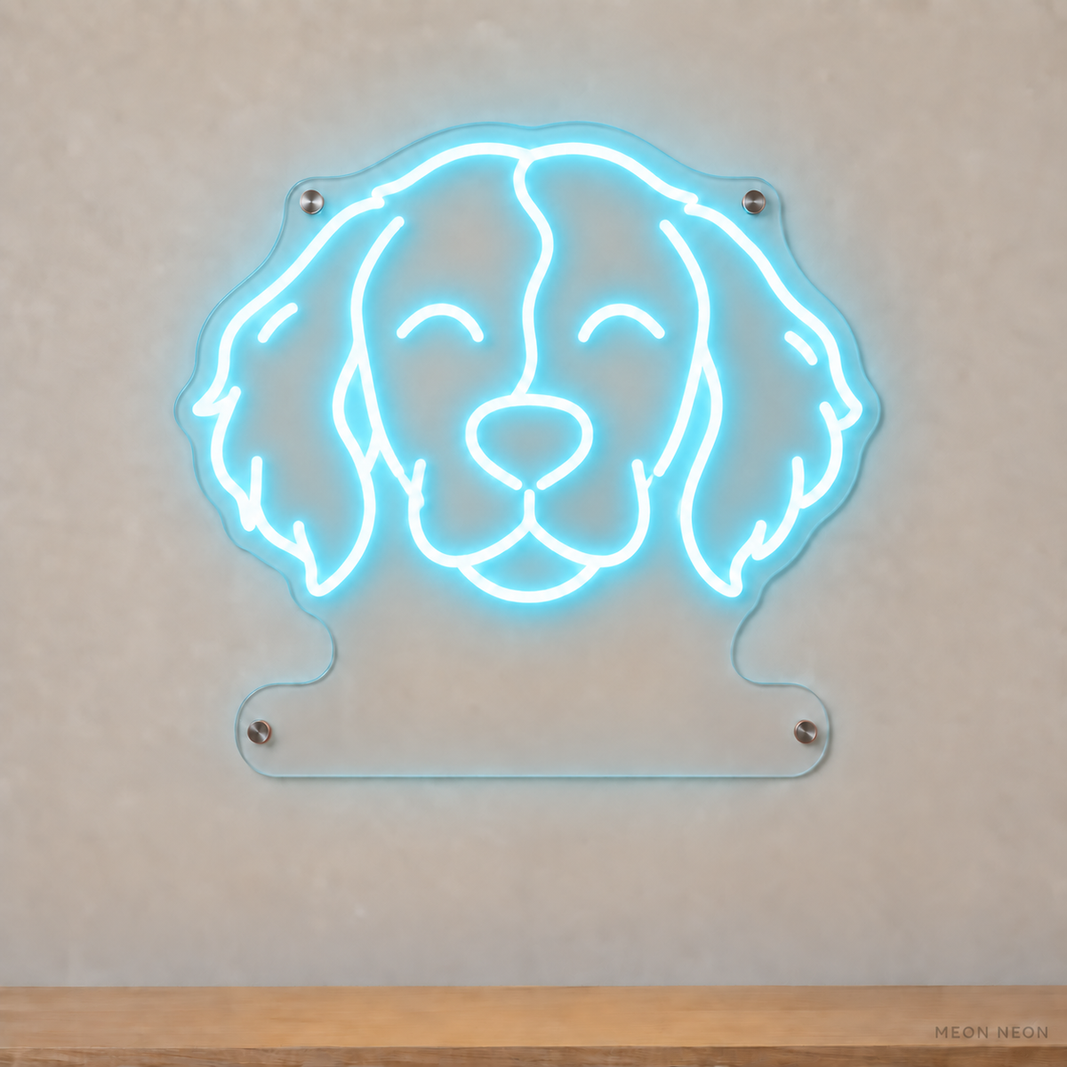 MEON NEON-watermarked concept mockup of a Ice Blue Brittany head LED neon sign with a blank acrylic area for a UV-printed breed caption or dog name.