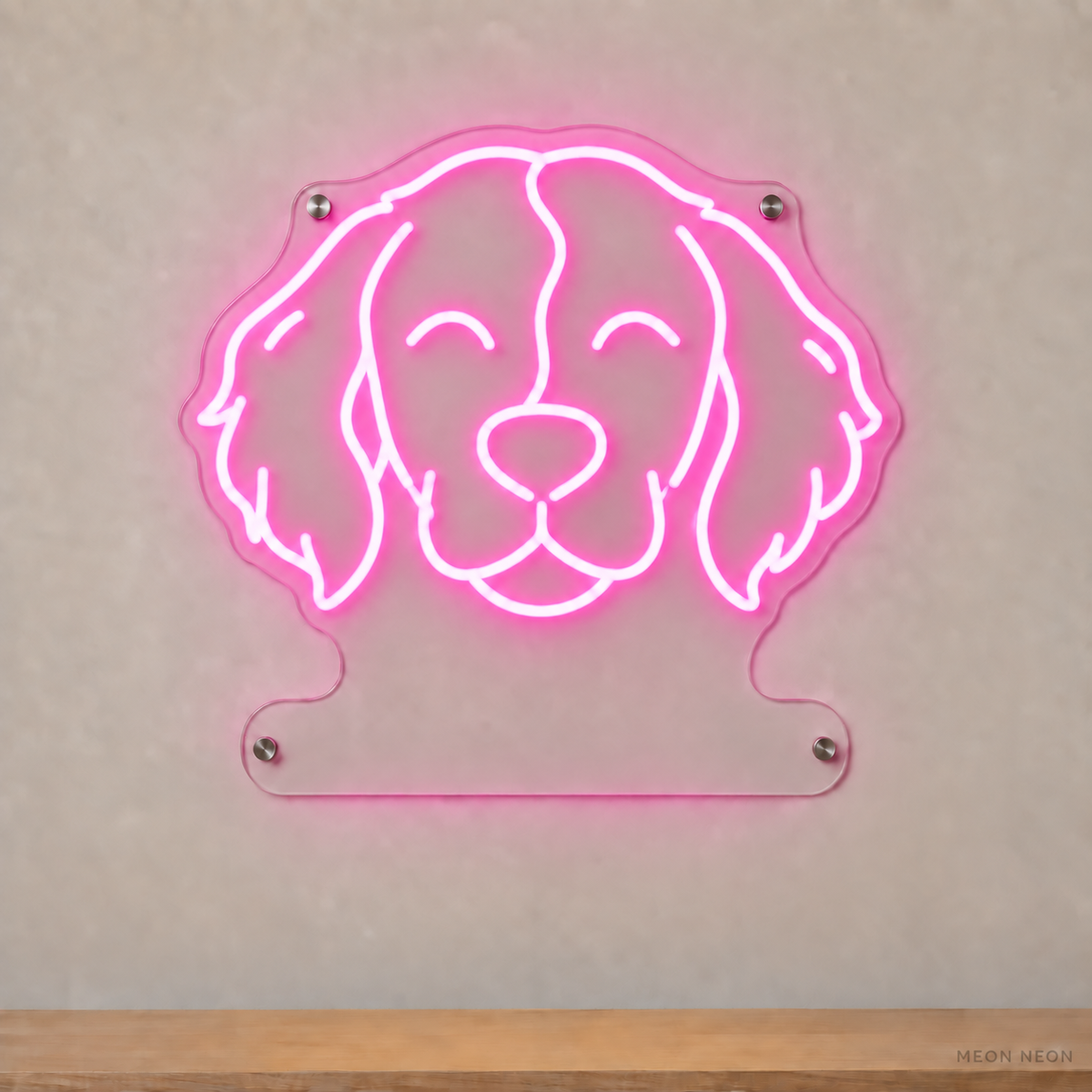 MEON NEON-watermarked concept mockup of a Pink Brittany head LED neon sign with a blank acrylic area for a UV-printed breed caption or dog name.