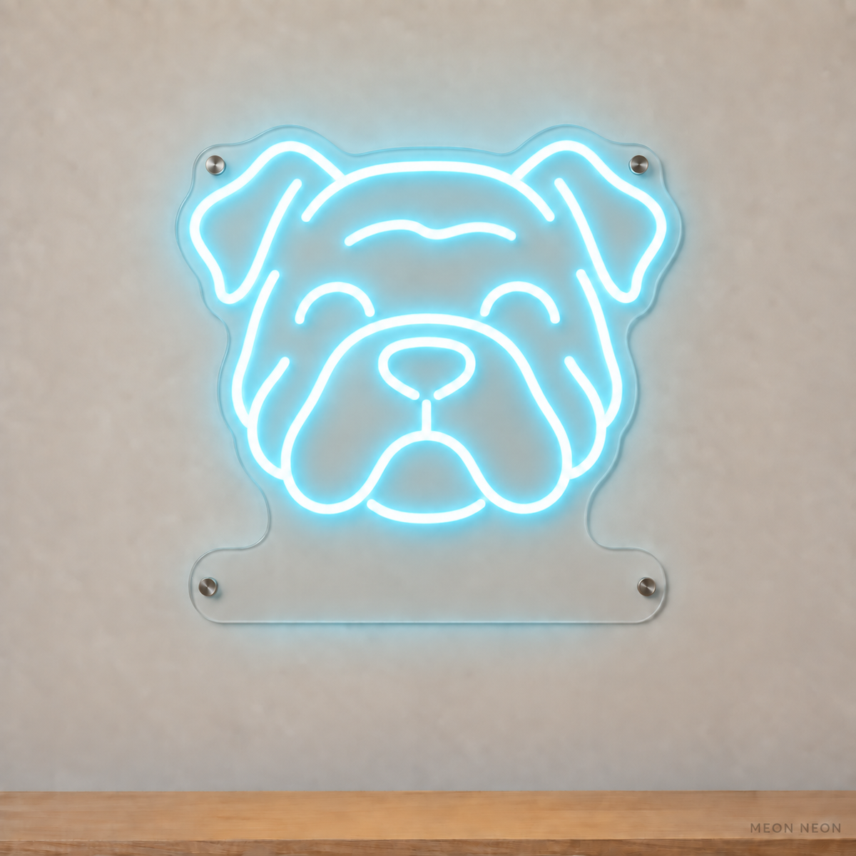 MEON NEON-watermarked concept mockup of a Ice Blue Bulldog head LED neon sign with a blank acrylic area for a UV-printed breed caption or dog name.