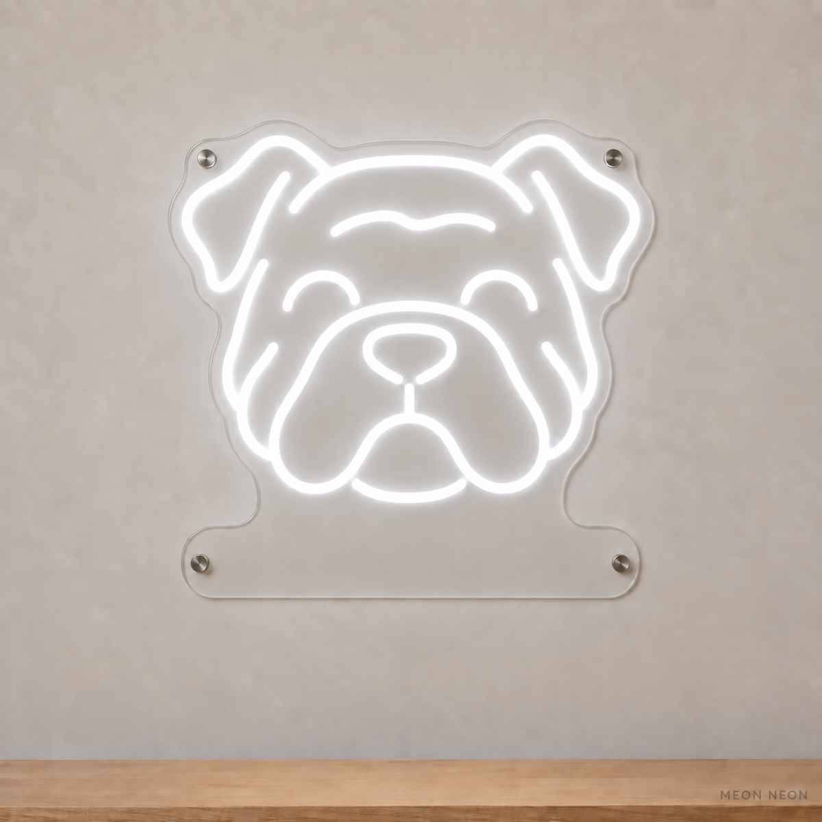 MEON NEON-watermarked concept mockup of a White Bulldog head LED neon sign with a blank acrylic area for a UV-printed breed caption or dog name.