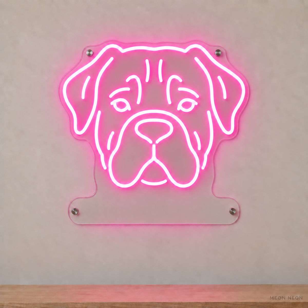 MEON NEON-watermarked concept mockup of a Pink Cane Corso head LED neon sign with a blank acrylic area for a UV-printed breed caption or dog name.
