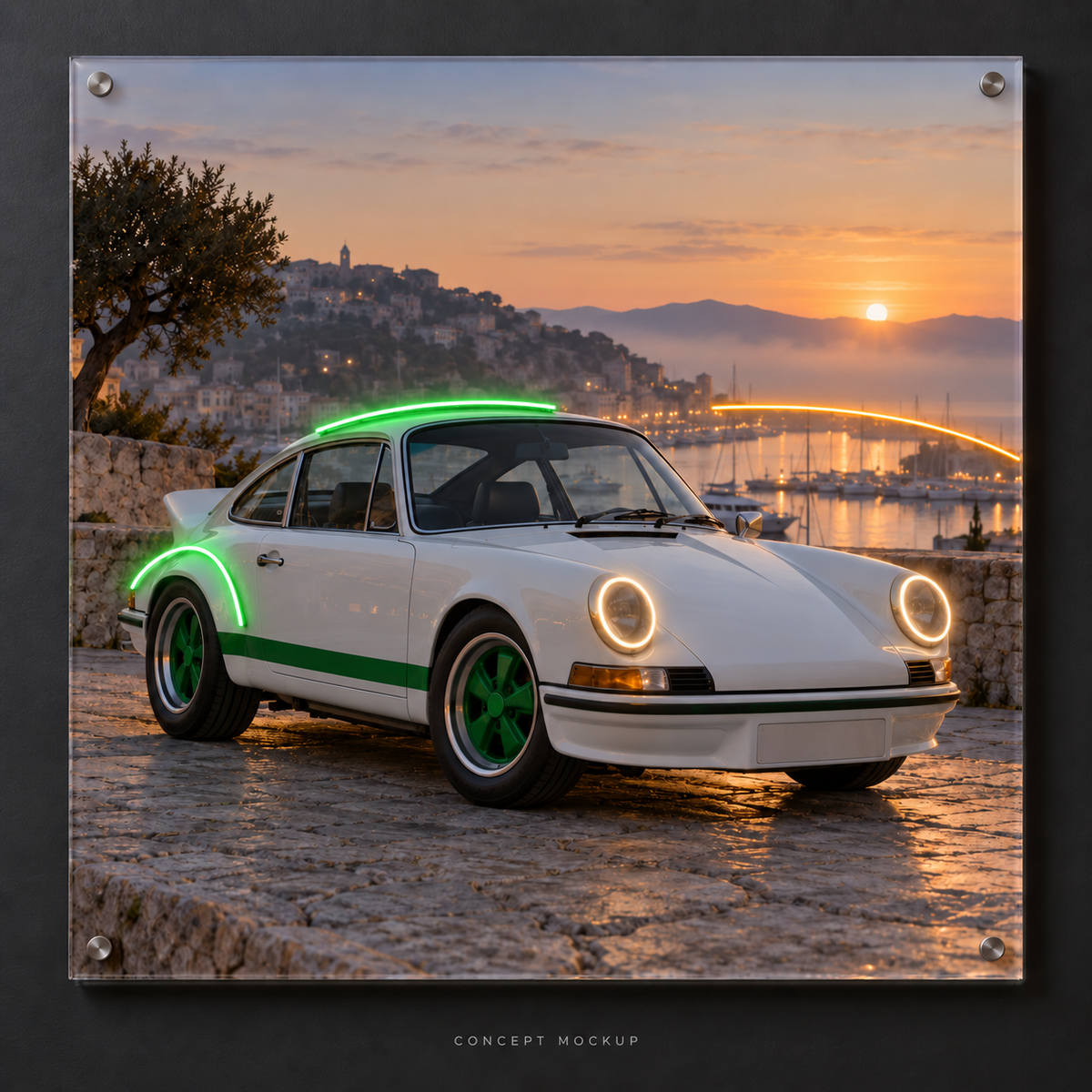 Porsche 911 Carrera RS — Coastal Dawn UV-printed LED neon concept with Green / Warm White / Amber accents
