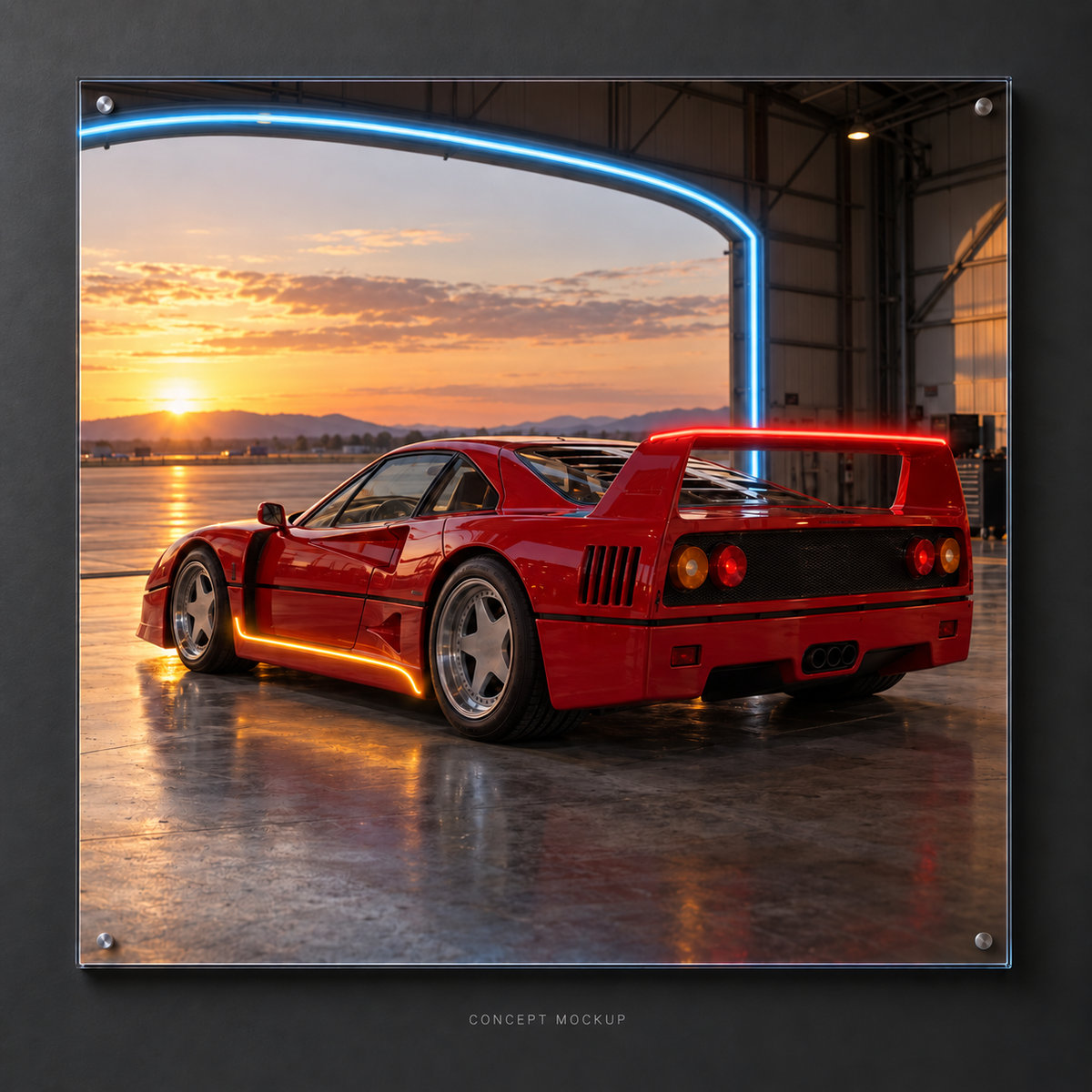 Ferrari F40 — Hangar Hour UV-printed LED neon concept with Red / Amber / Ice Blue accents