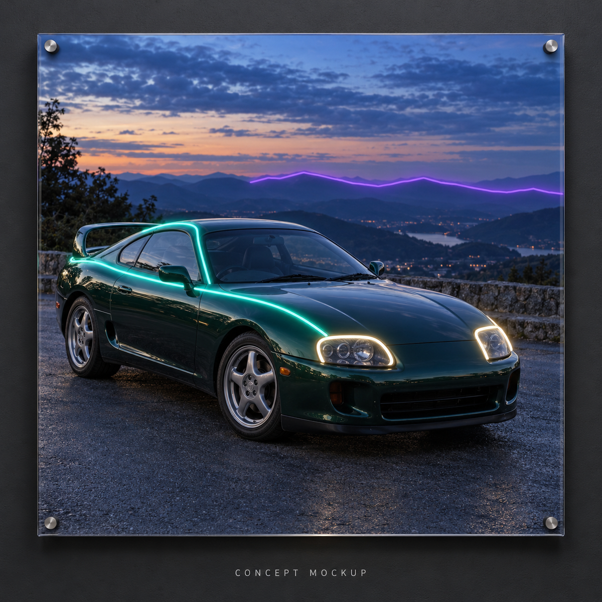 Toyota Supra A80 — Mountain Blue Hour UV-printed LED neon concept with Teal / Warm White / Purple accents