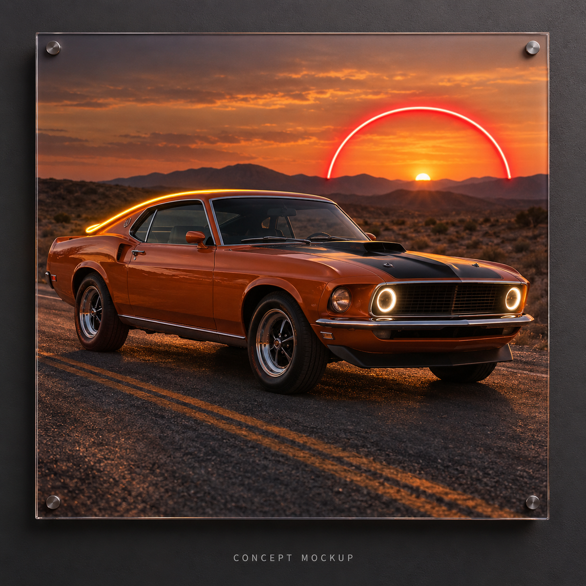 Ford Mustang Mach 1 — Desert Sunset UV-printed LED neon concept with Amber / Warm White / Red accents