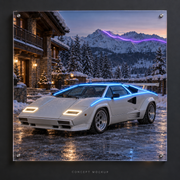 Lamborghini Countach — Alpine Whiteout UV-printed LED neon concept with Ice Blue / Warm White / Purple accents