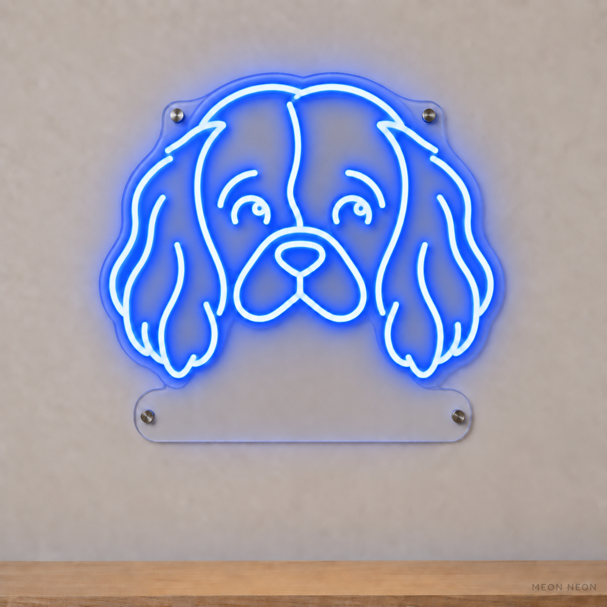 MEON NEON-watermarked concept mockup of a Blue Cavalier King Charles Spaniel head LED neon sign with a blank acrylic area for a UV-printed breed caption or dog name.