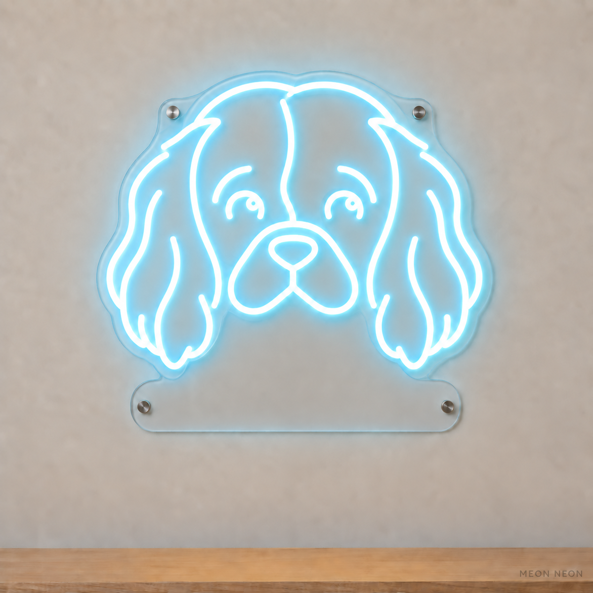 MEON NEON-watermarked concept mockup of a Ice Blue Cavalier King Charles Spaniel head LED neon sign with a blank acrylic area for a UV-printed breed caption or dog name.