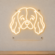 MEON NEON-watermarked concept mockup of a Warm White Cavalier King Charles Spaniel head LED neon sign with a blank acrylic area for a UV-printed breed caption or dog name.