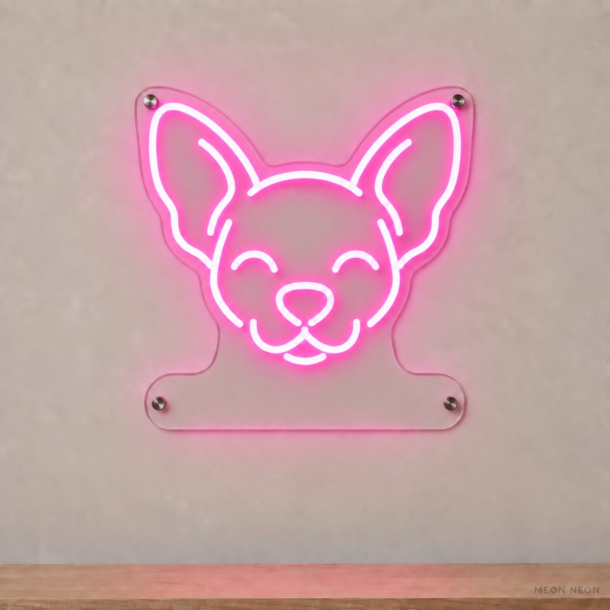 MEON NEON-watermarked concept mockup of a Pink Chihuahua head LED neon sign with a blank acrylic area for a UV-printed breed caption or dog name.