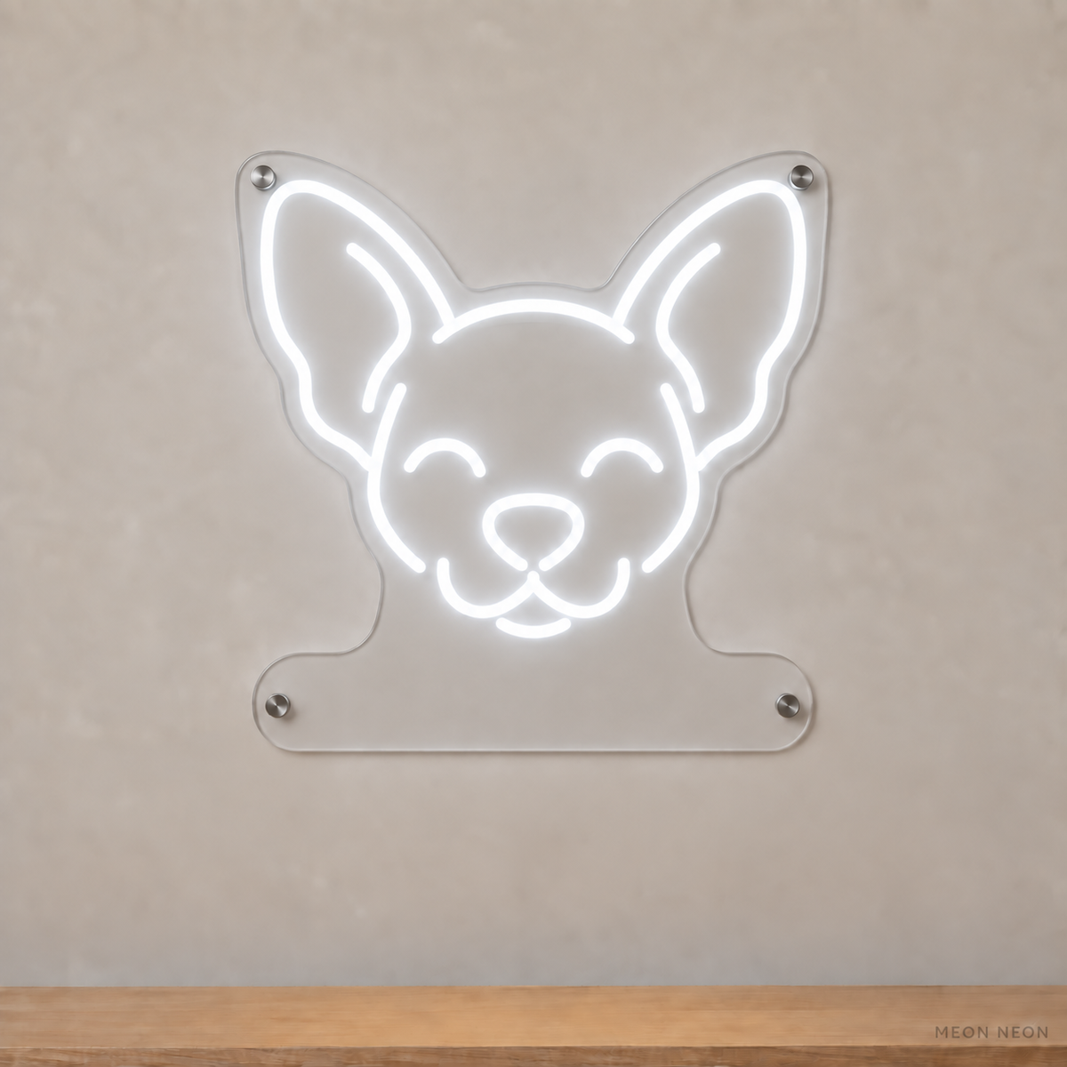 MEON NEON-watermarked concept mockup of a White Chihuahua head LED neon sign with a blank acrylic area for a UV-printed breed caption or dog name.