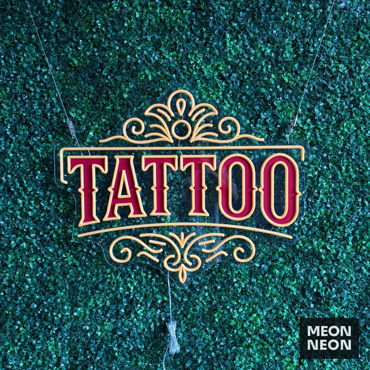Classic Ornate TATTOO LED Neon Sign, real photo of a finished Meon Neon sign, lit