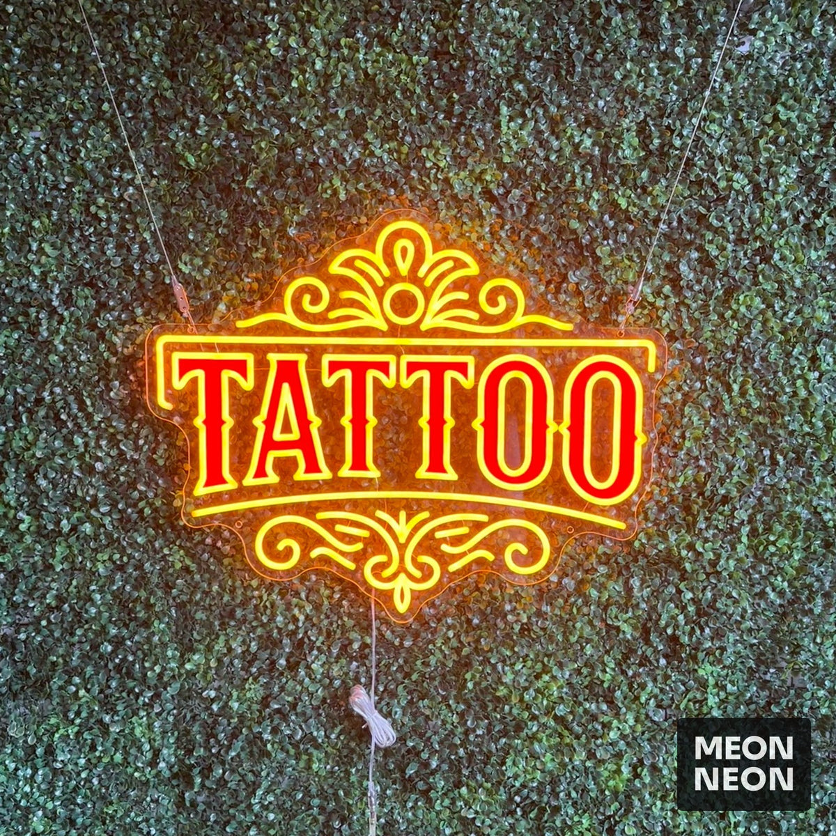 Classic Ornate TATTOO LED Neon Sign, real photo of a finished Meon Neon sign, lit