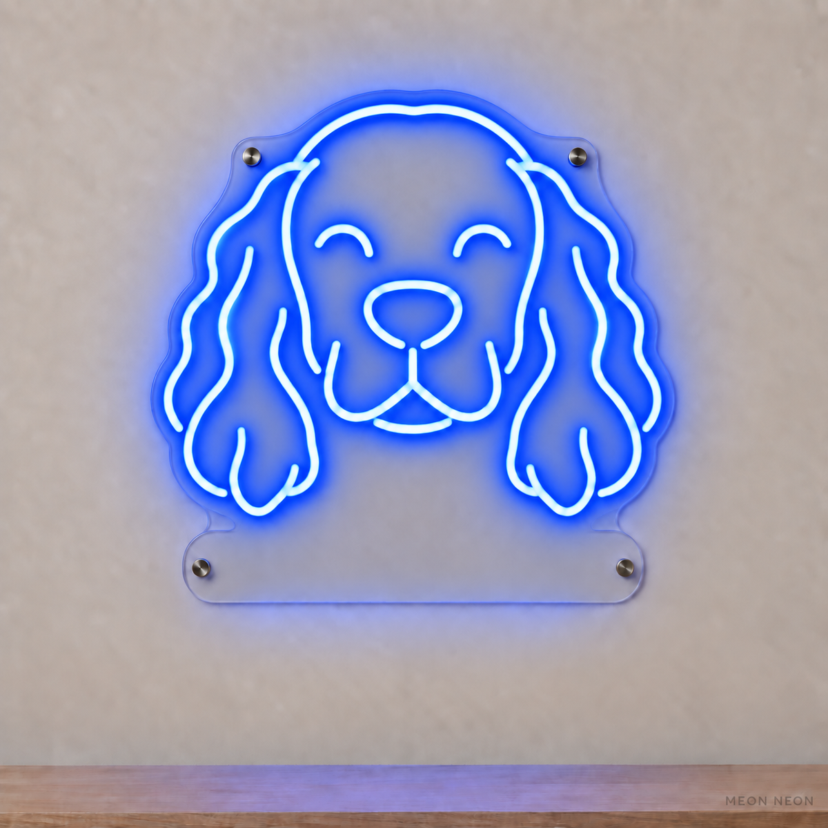 MEON NEON-watermarked concept mockup of a Blue Cocker Spaniel head LED neon sign with a blank acrylic area for a UV-printed breed caption or dog name.