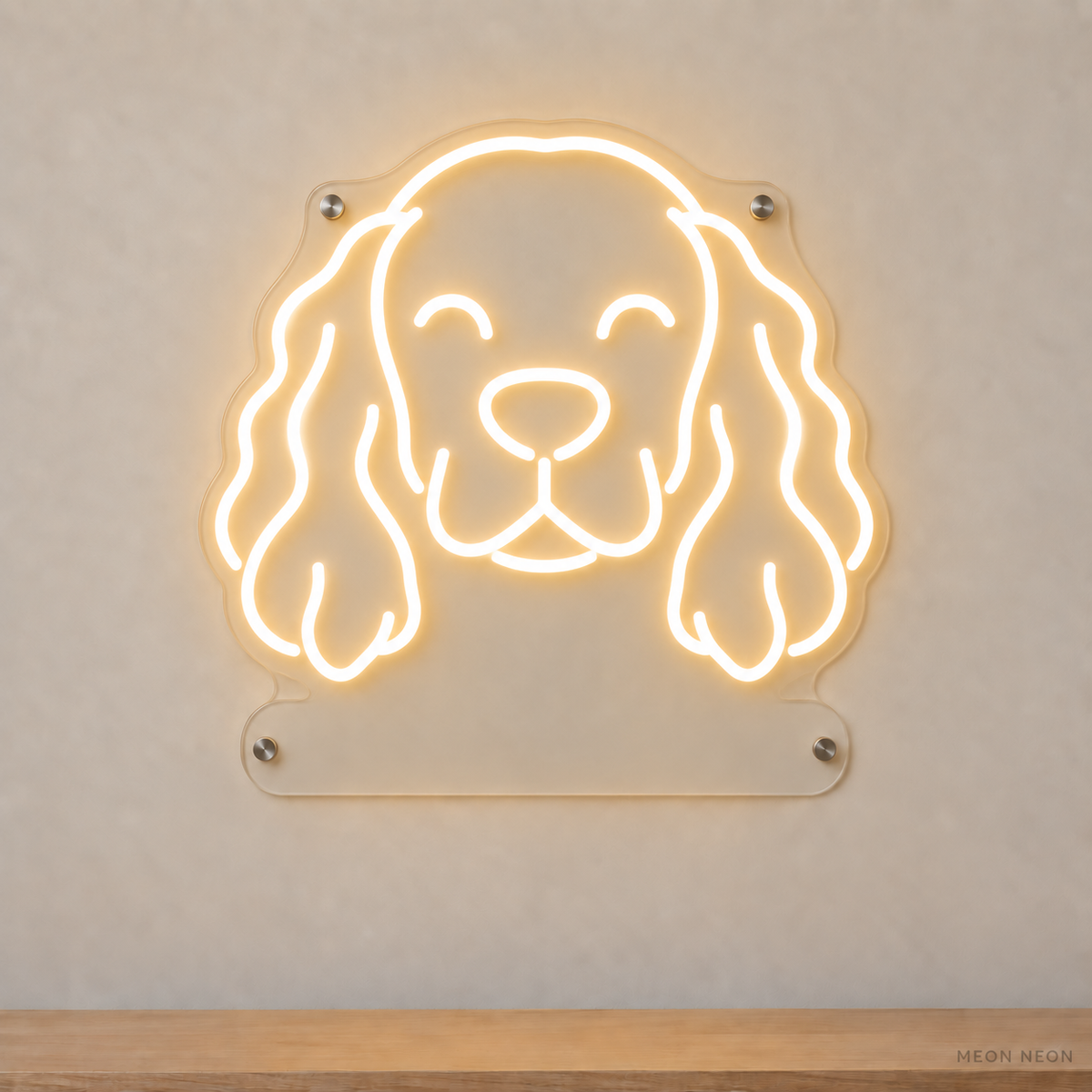 MEON NEON-watermarked concept mockup of a Warm White Cocker Spaniel head LED neon sign with a blank acrylic area for a UV-printed breed caption or dog name.