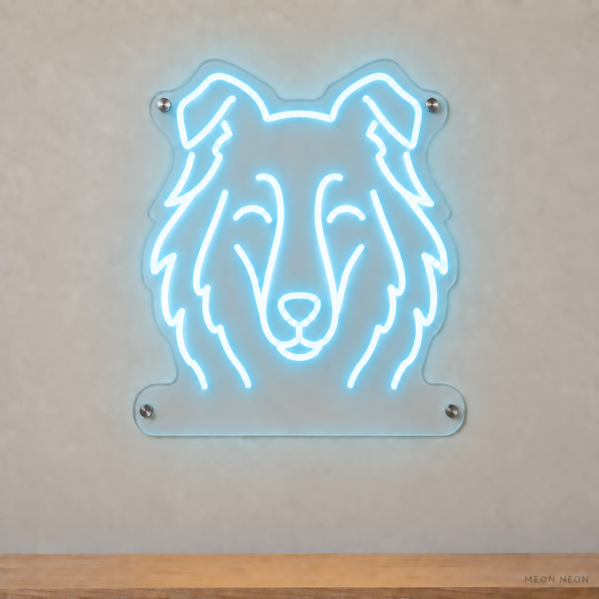 MEON NEON-watermarked concept mockup of a Ice Blue Collie head LED neon sign with a blank acrylic area for a UV-printed breed caption or dog name.