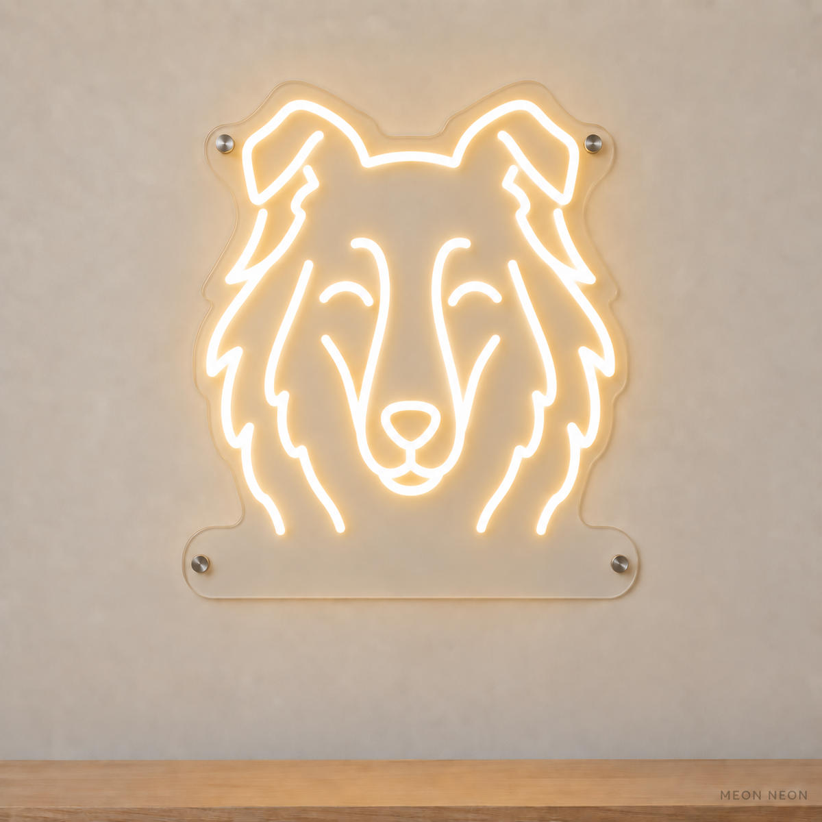 MEON NEON-watermarked concept mockup of a Warm White Collie head LED neon sign with a blank acrylic area for a UV-printed breed caption or dog name.