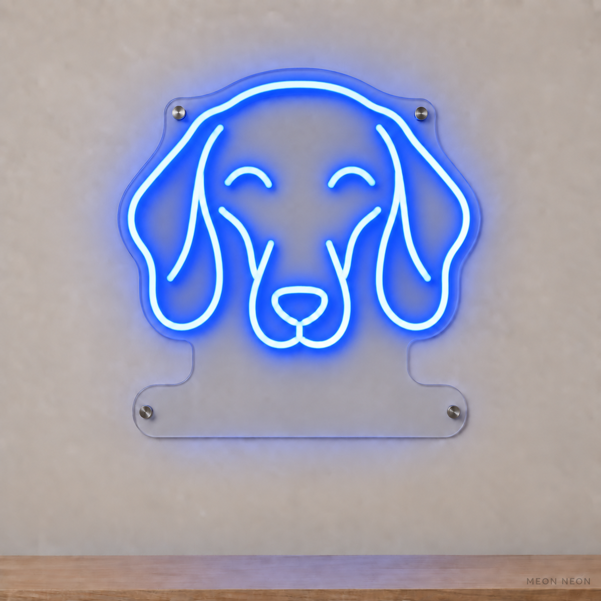 MEON NEON-watermarked concept mockup of a Blue Dachshund head LED neon sign with a blank acrylic area for a UV-printed breed caption or dog name.
