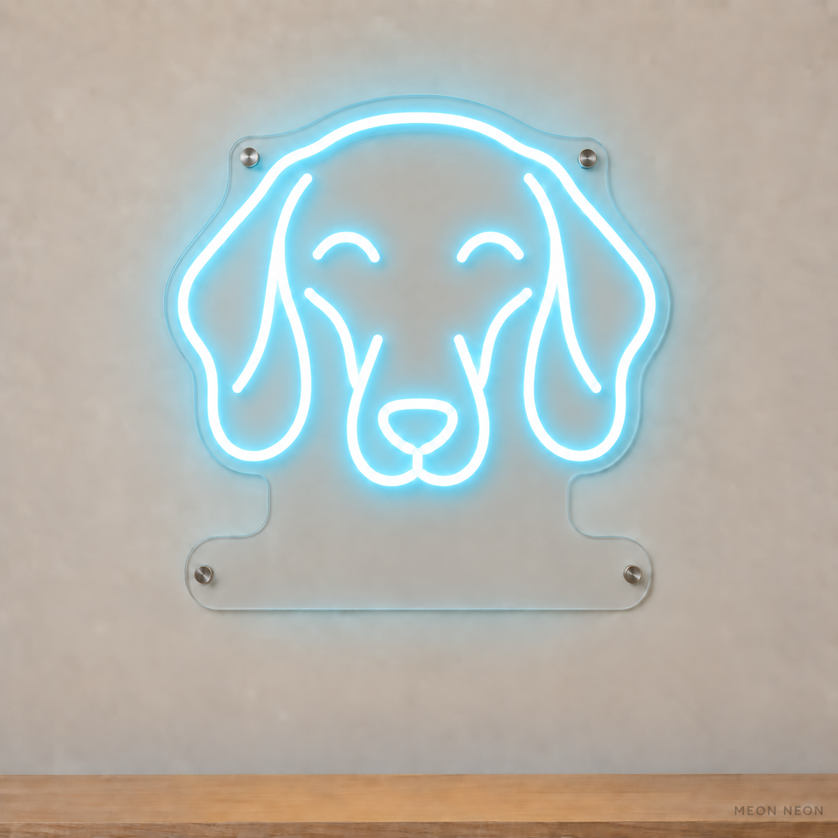 MEON NEON-watermarked concept mockup of a Ice Blue Dachshund head LED neon sign with a blank acrylic area for a UV-printed breed caption or dog name.
