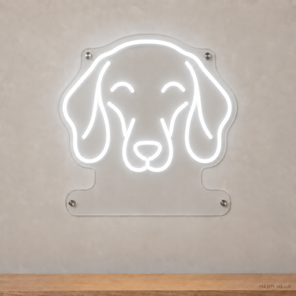 MEON NEON-watermarked concept mockup of a White Dachshund head LED neon sign with a blank acrylic area for a UV-printed breed caption or dog name.