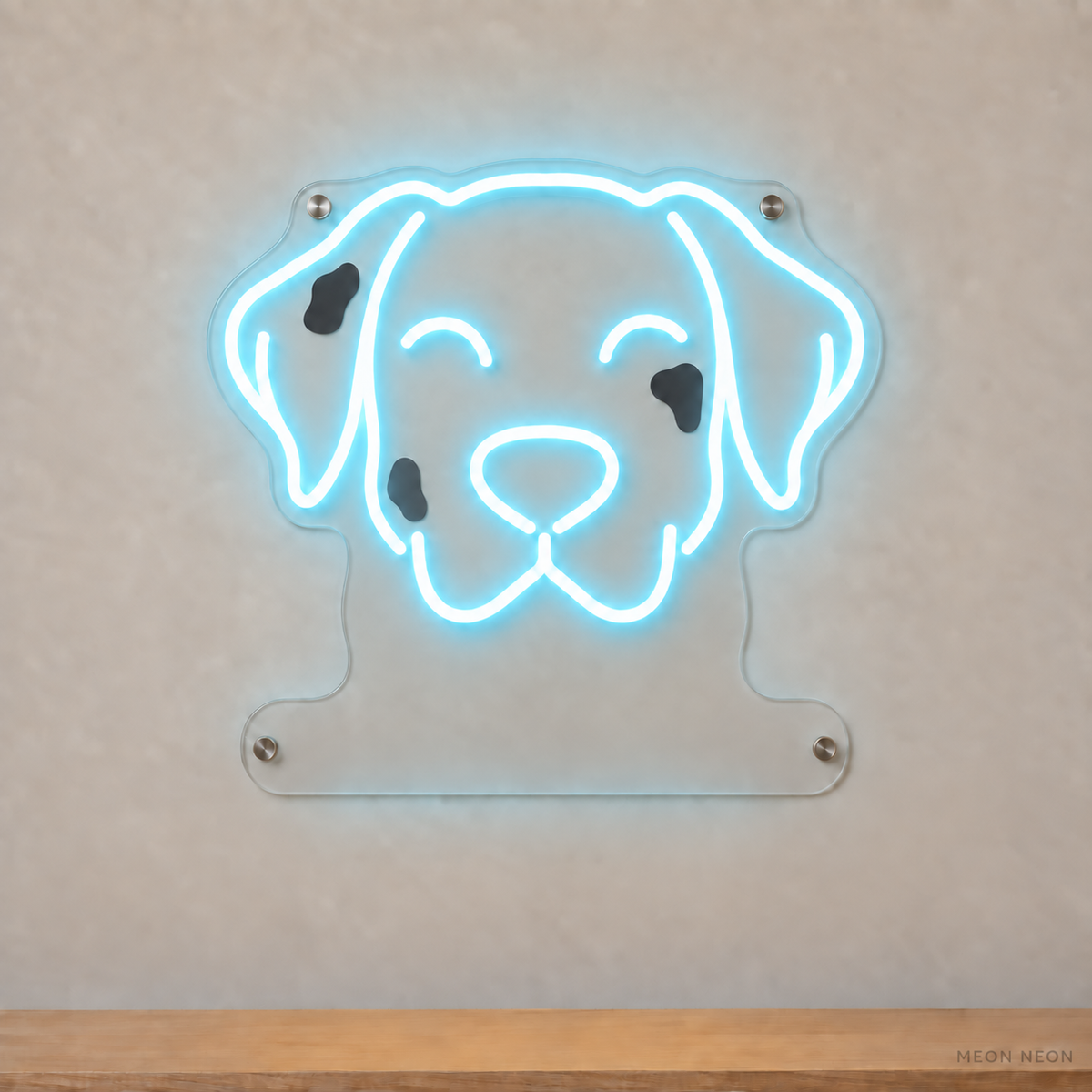 MEON NEON-watermarked concept mockup of a Ice Blue Dalmatian head LED neon sign with a blank acrylic area for a UV-printed breed caption or dog name.