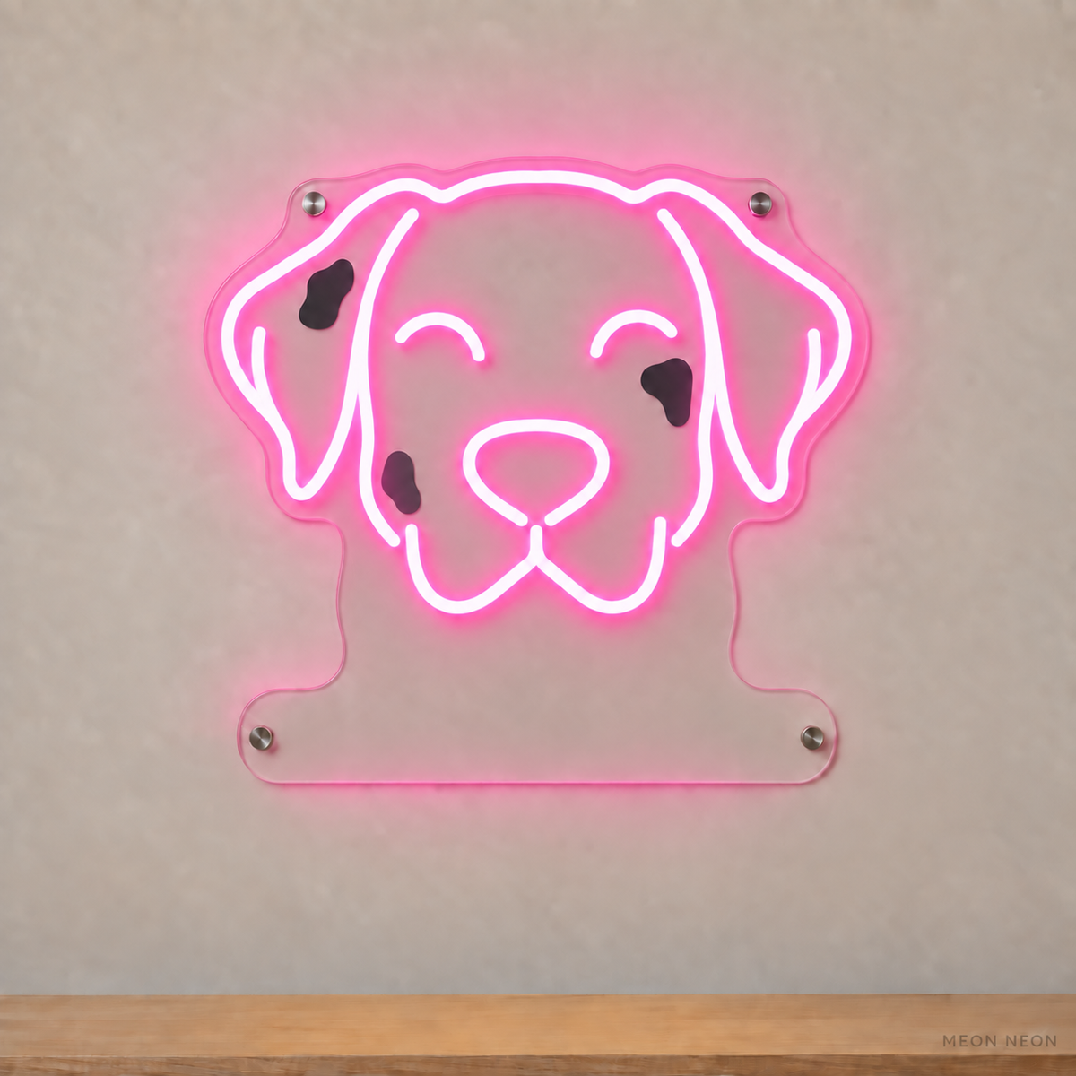 MEON NEON-watermarked concept mockup of a Pink Dalmatian head LED neon sign with a blank acrylic area for a UV-printed breed caption or dog name.