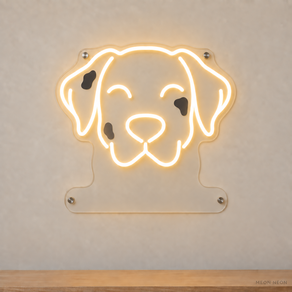 MEON NEON-watermarked concept mockup of a Warm White Dalmatian head LED neon sign with a blank acrylic area for a UV-printed breed caption or dog name.
