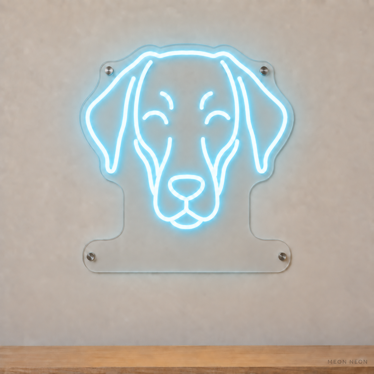 MEON NEON-watermarked concept mockup of a Ice Blue Doberman Pinscher head LED neon sign with a blank acrylic area for a UV-printed breed caption or dog name.