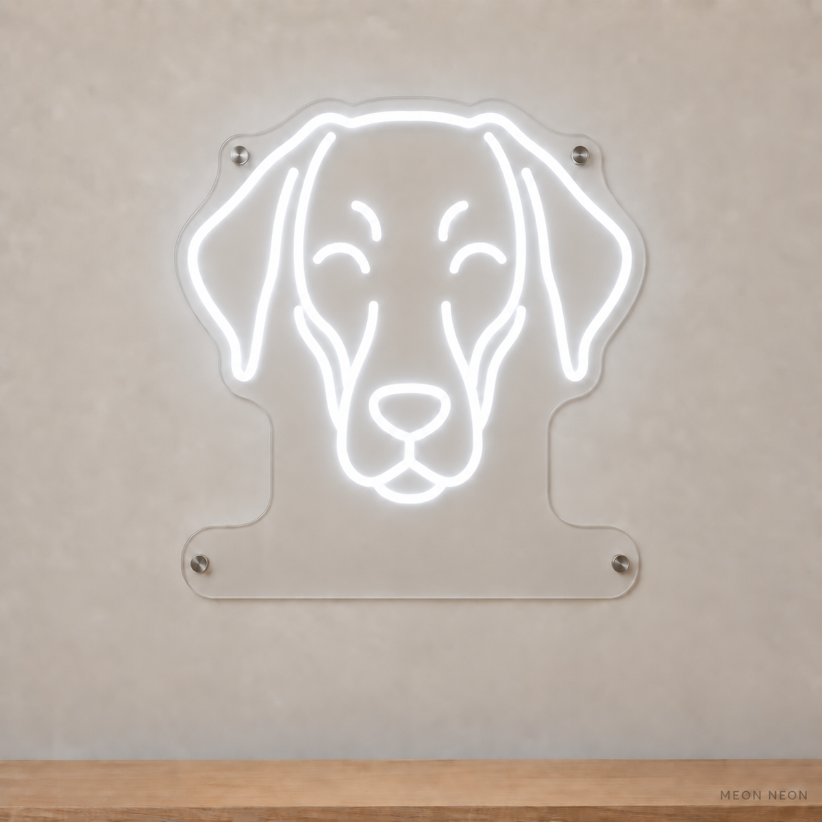 MEON NEON-watermarked concept mockup of a White Doberman Pinscher head LED neon sign with a blank acrylic area for a UV-printed breed caption or dog name.