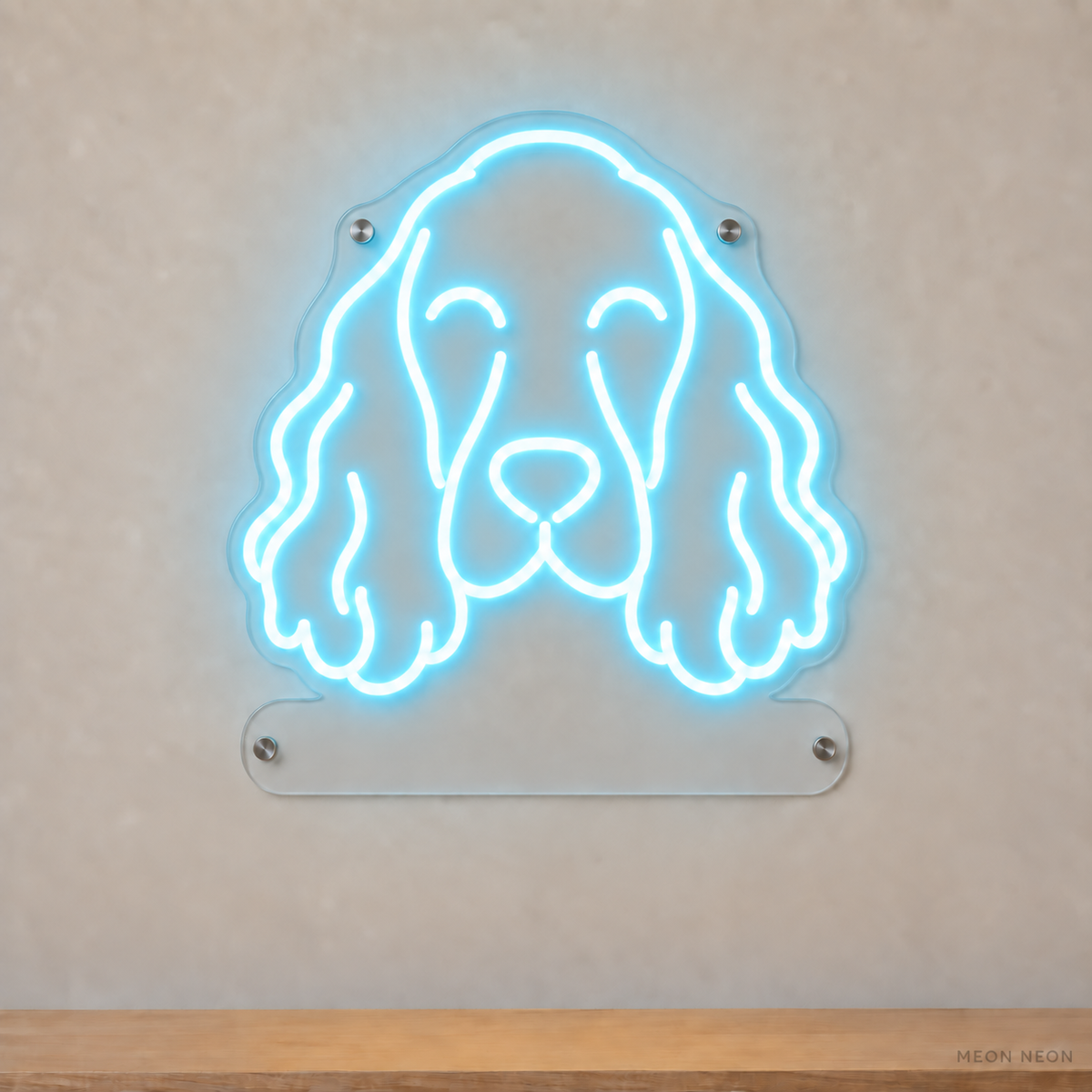 MEON NEON-watermarked concept mockup of a Ice Blue English Cocker Spaniel head LED neon sign with a blank acrylic area for a UV-printed breed caption or dog name.