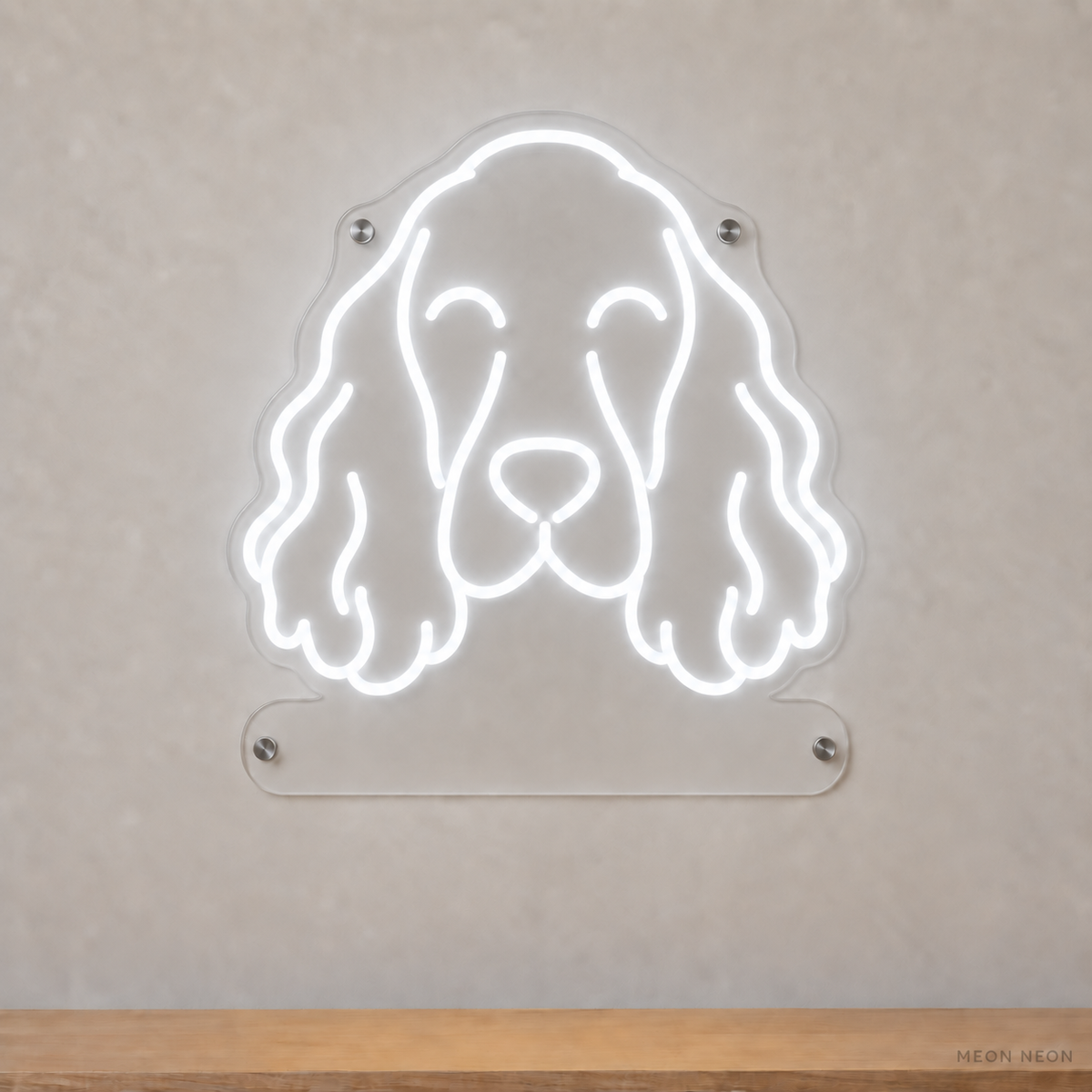 MEON NEON-watermarked concept mockup of a White English Cocker Spaniel head LED neon sign with a blank acrylic area for a UV-printed breed caption or dog name.