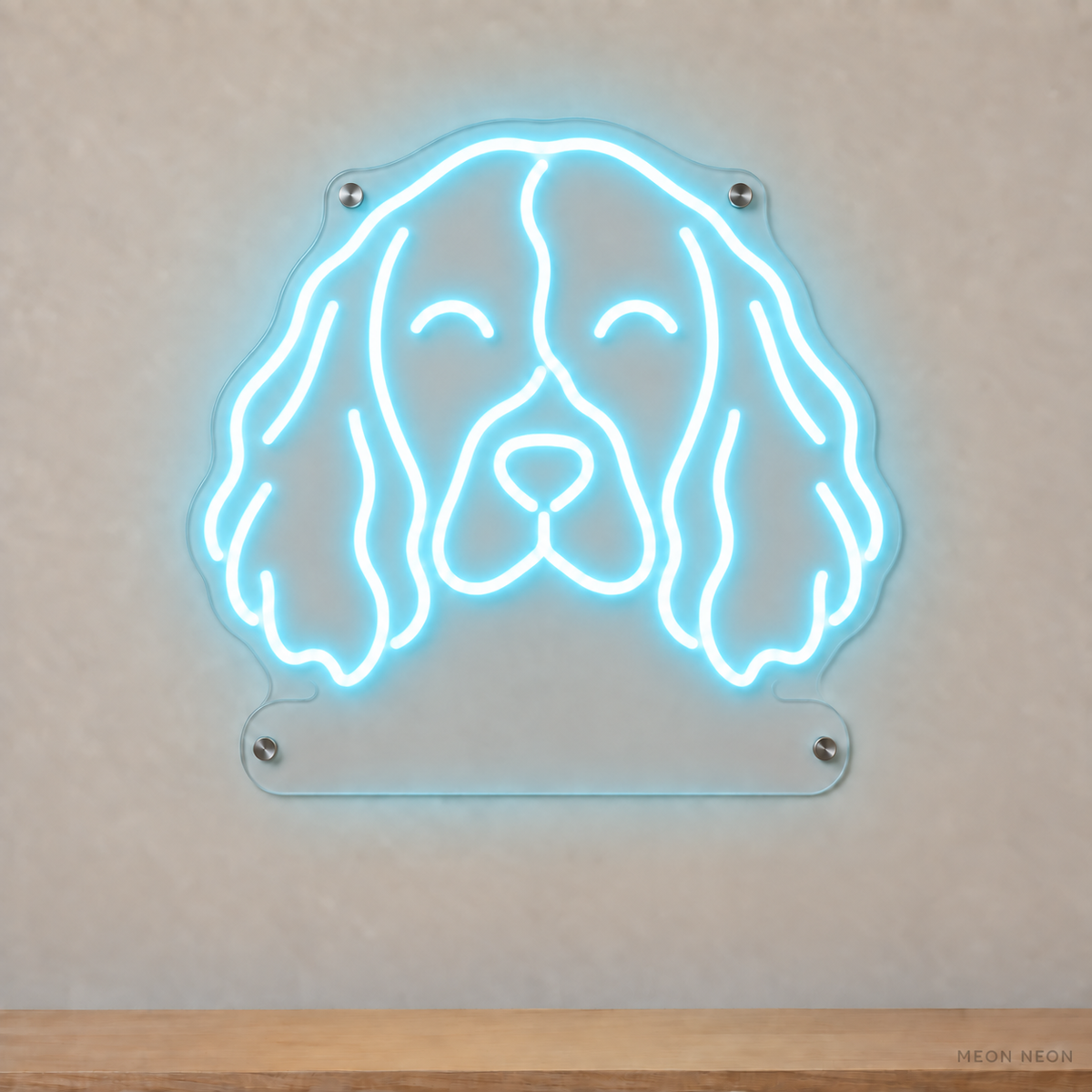 MEON NEON-watermarked concept mockup of a Ice Blue English Springer Spaniel head LED neon sign with a blank acrylic area for a UV-printed breed caption or dog name.