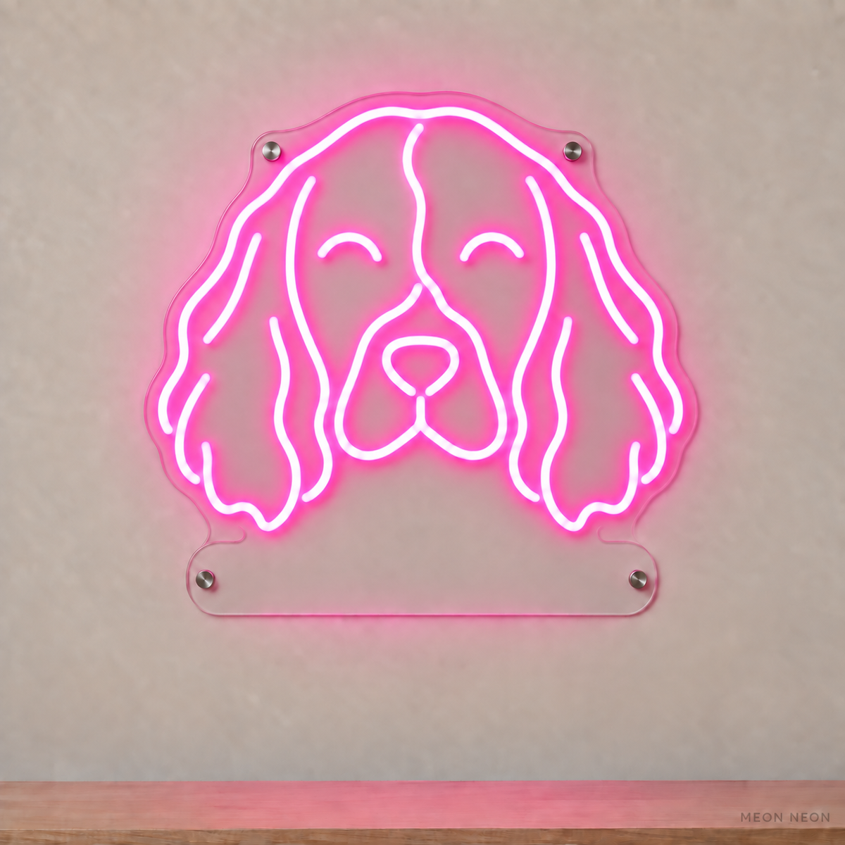 MEON NEON-watermarked concept mockup of a Pink English Springer Spaniel head LED neon sign with a blank acrylic area for a UV-printed breed caption or dog name.