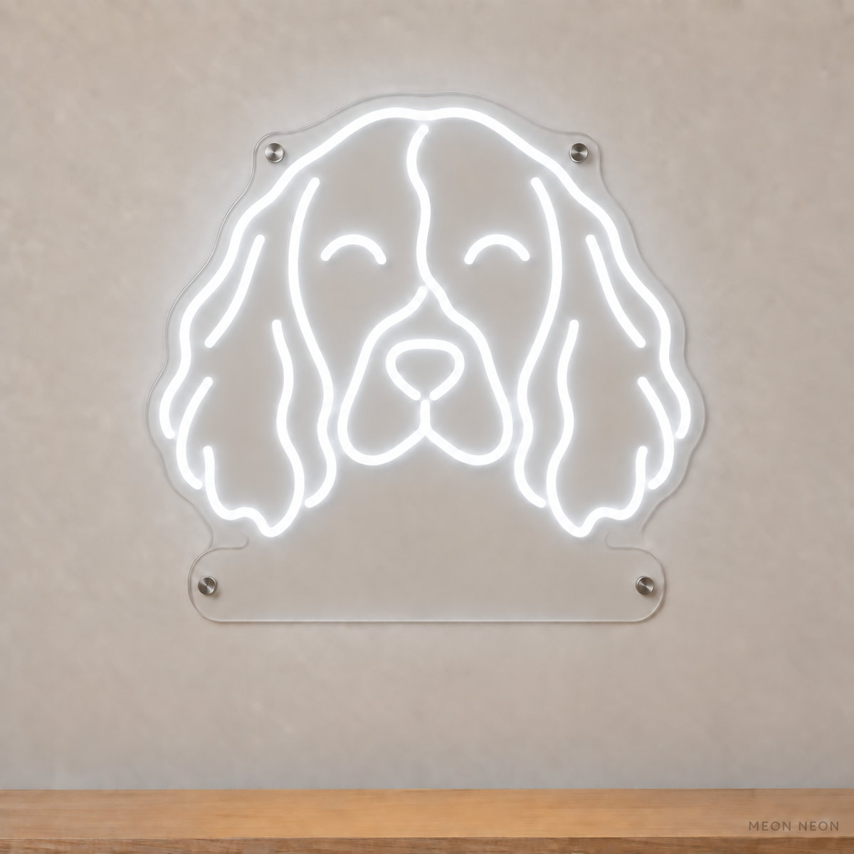 MEON NEON-watermarked concept mockup of a White English Springer Spaniel head LED neon sign with a blank acrylic area for a UV-printed breed caption or dog name.
