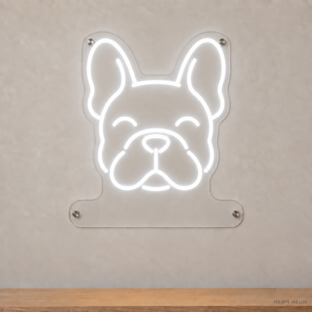 MEON NEON-watermarked concept mockup of a White French Bulldog head LED neon sign with a blank acrylic area for a UV-printed breed caption or dog name.