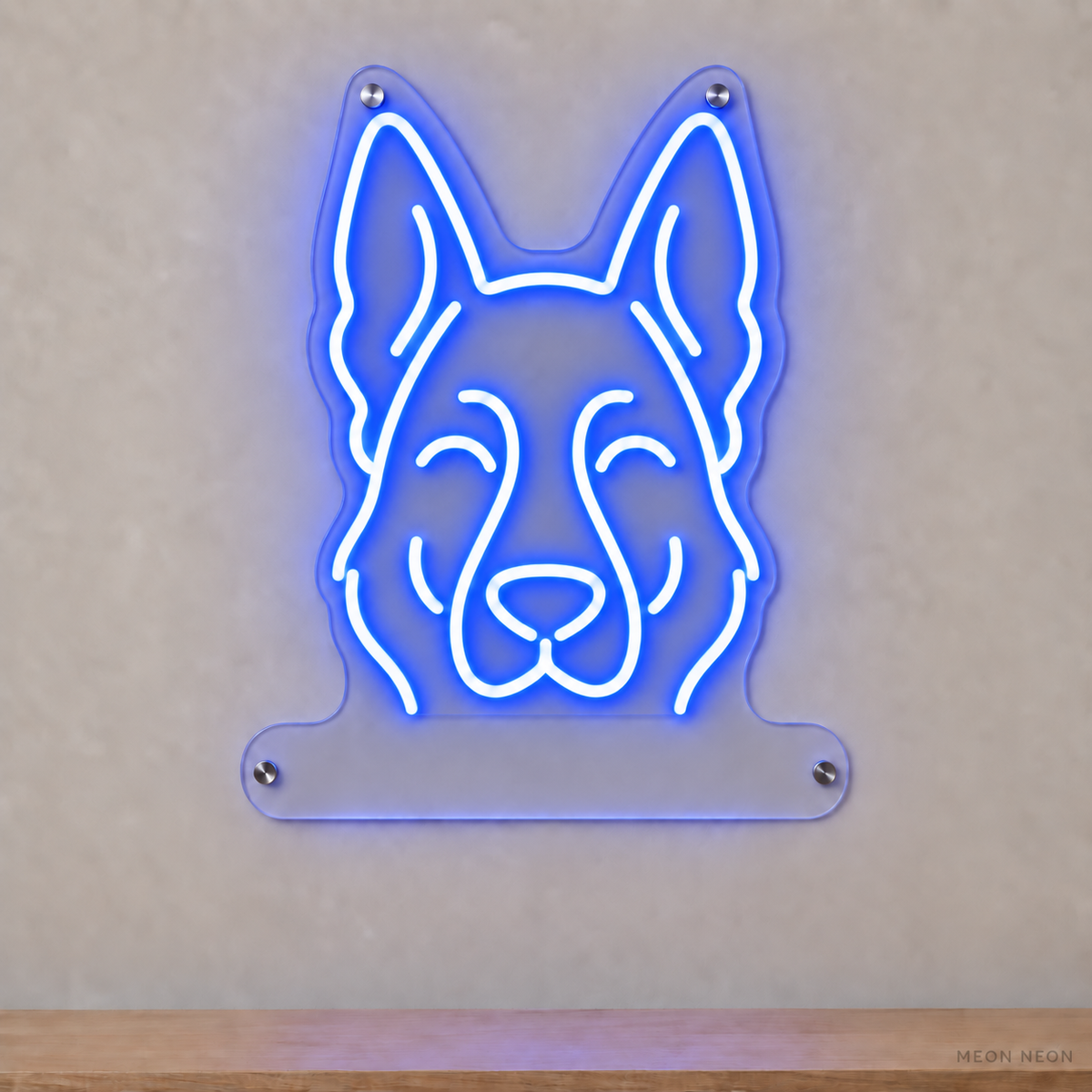 MEON NEON-watermarked concept mockup of a Blue German Shepherd Dog head LED neon sign with a blank acrylic area for a UV-printed breed caption or dog name.